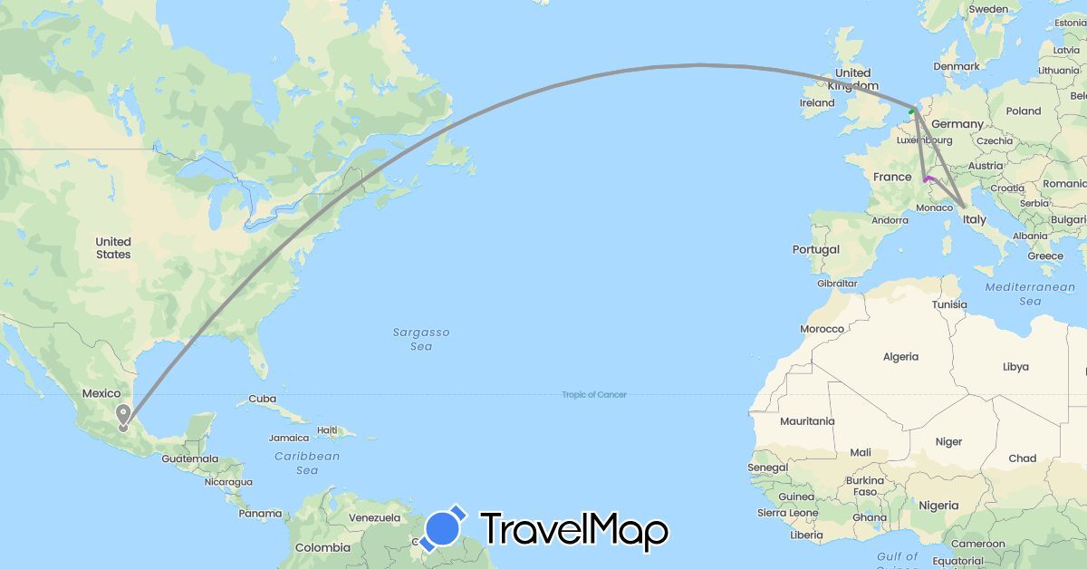 TravelMap itinerary: driving, bus, plane, train in Switzerland, Italy, Mexico, Netherlands (Europe, North America)